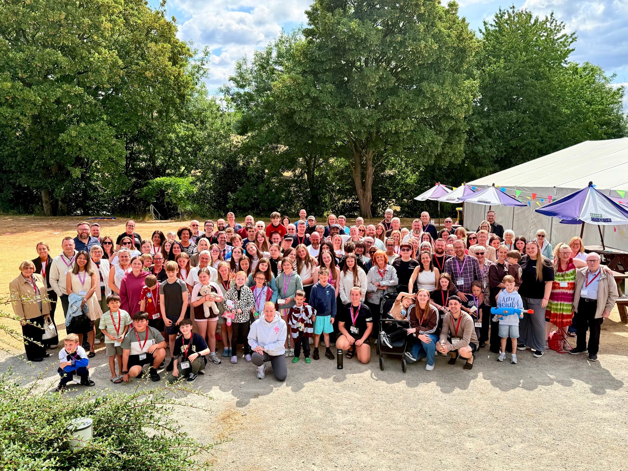 The Northbreak group photo, all ages together outside the marquees
